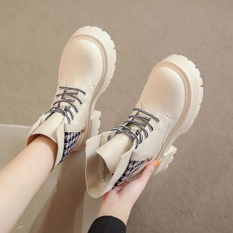 Ladies' British style lace up round toe thick heeled short boots