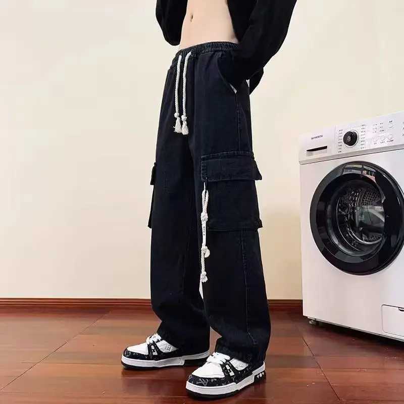 2025S Fashion Designer Foufurieux Baggy Trousers Male Denim Black Wide Leg Mens Jeans Oversize Cargo Korean Streetwear Hip Hop Pants