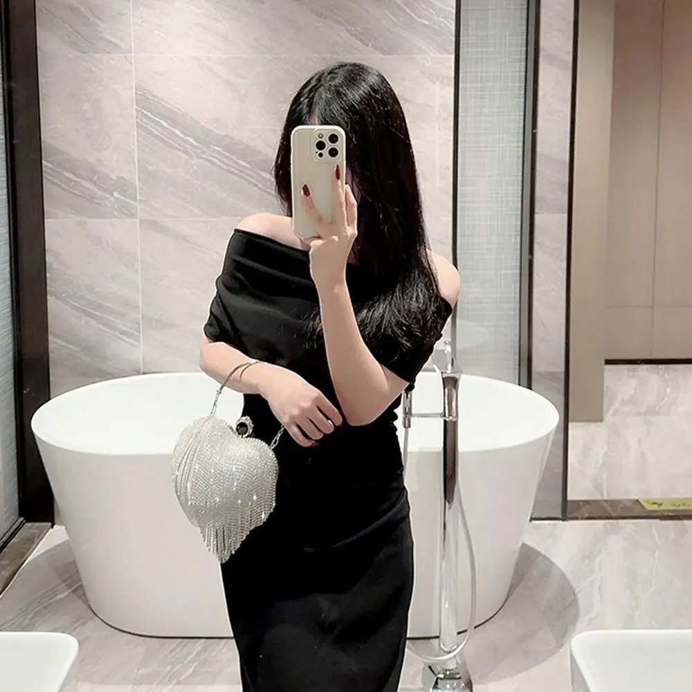 Tassel Evening Bag Elegant Heart-shaped Rhinestone Decorative Dinner Bag Handbags Wedding Party 240726