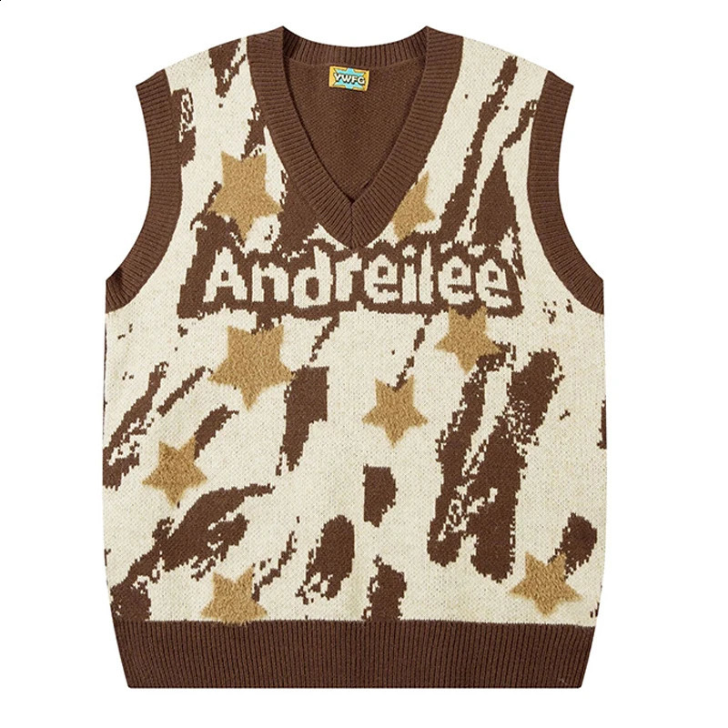 Color Matching Jacquard Women Sweater Vest Sleeveless Loose Outerwear Knitted Waistcoat Vintage Y2K Autumn Pullovers Tops 240717