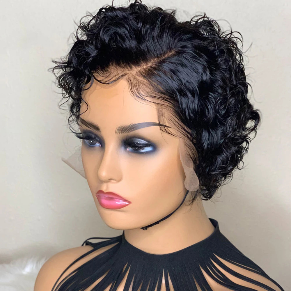 Short Bob Wig Pixie Cut Wig Curly Human Hair Wigs For Women 13*4*1 Lace Front Transparent Deep Wave Lace Wig 240719
