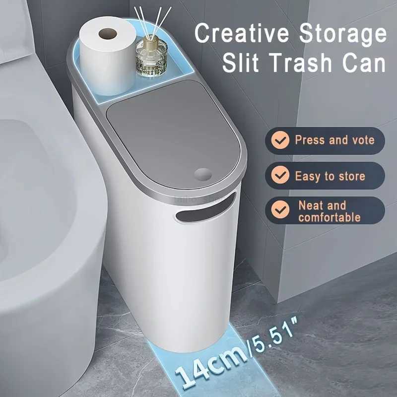 10L Bathroom Trash Can Press Type Garbage Can with Lid Household Creative Gap Waste Bin Simple Paper Basket Kitchen Trash CanB240726