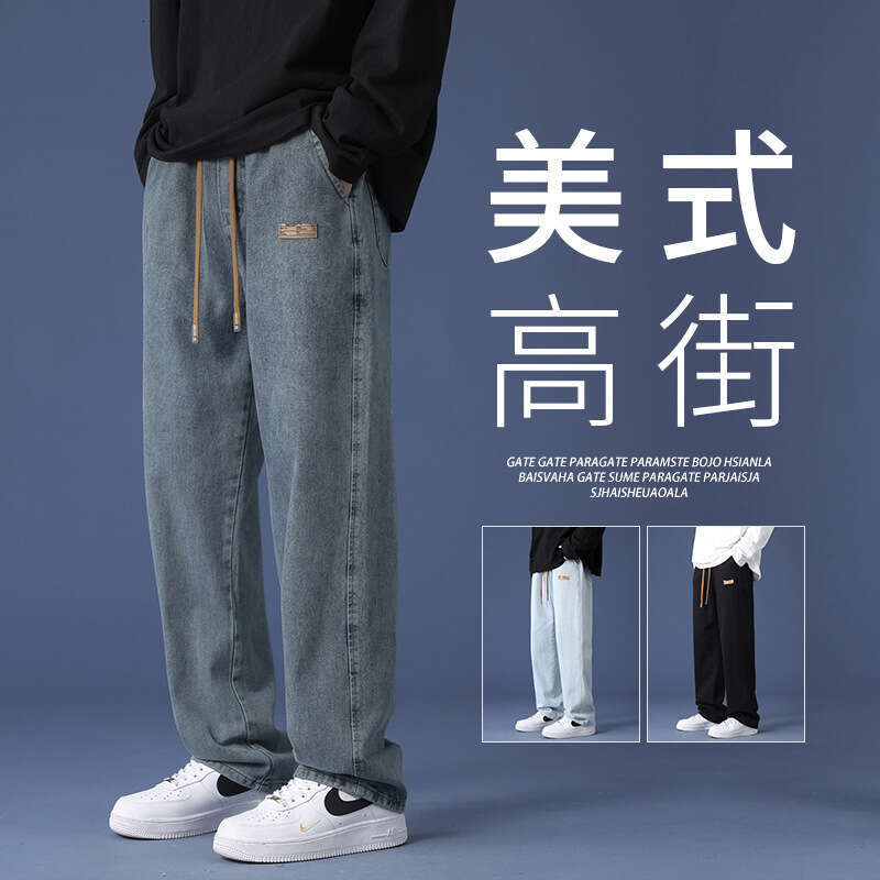 Jeans 2024 Autumn Fashion Brand Loose Straight Tube Clothing Casual High Street American Mens Pants College Style Harlan Sweatpants Half Pants for Men