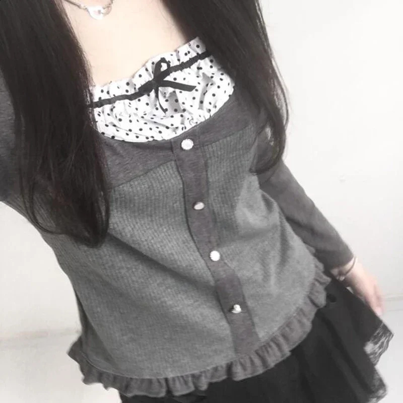 Y2K Polka Dot Print Contrast Patchwork Knitted Tops Grey Autumn Spring Cute Bow T-shirts Slim-fit Long Sleeve Knitwear 240716