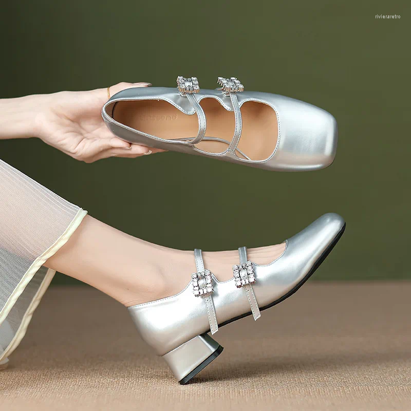 Dress Shoes Patent Leather Women High Heel Retro Thick Female Pumps Brand Buckle Strap Solid Classics