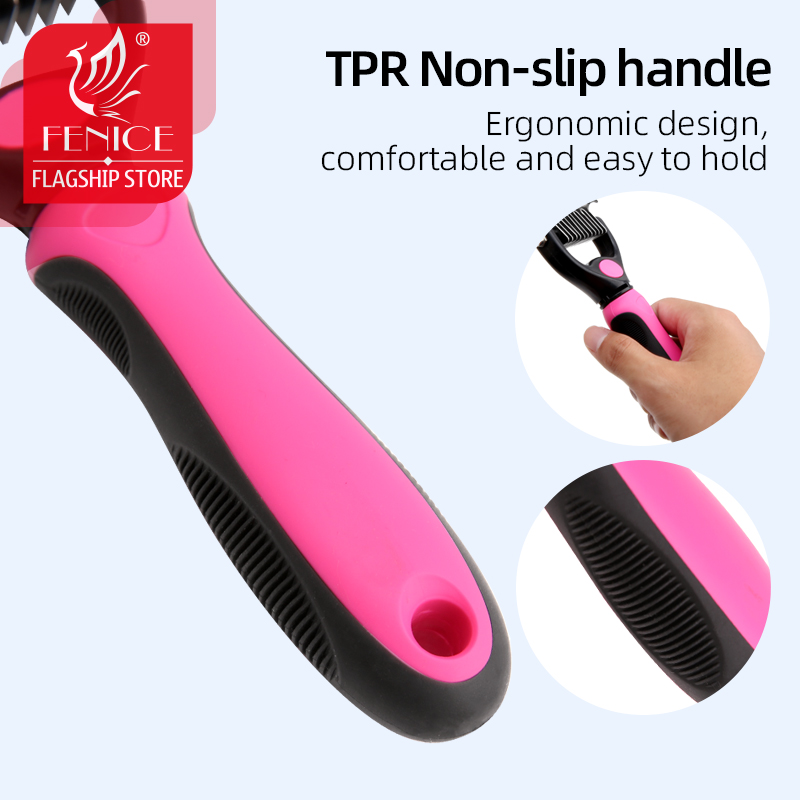Fenice Professional Dog Comb Rake 2 In 1 Safe Double-Sided Comfortable Handle Pet Grooming Brush For Dog Cat Removing