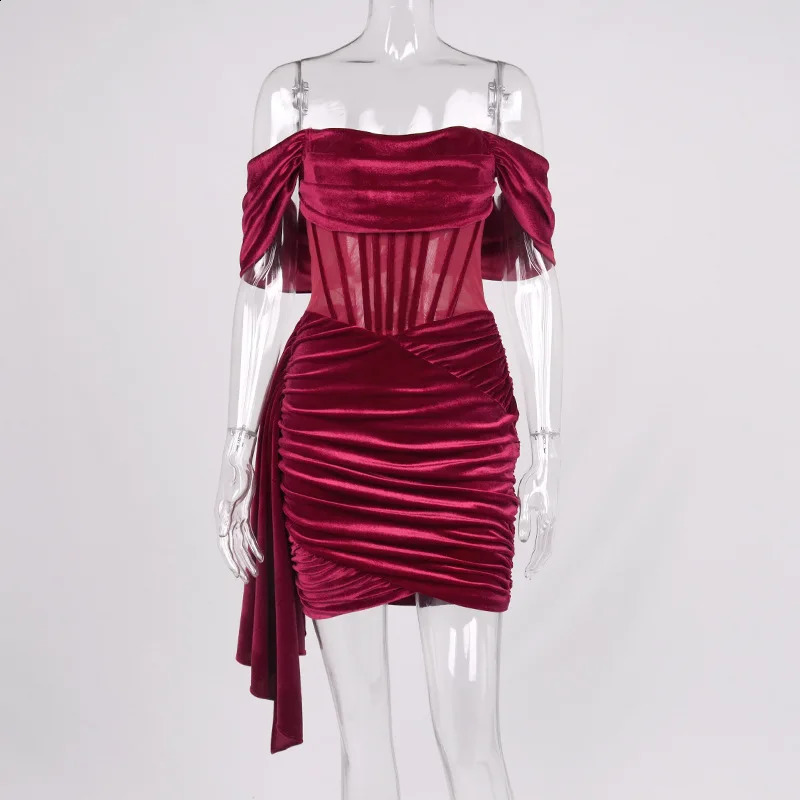 Mingmingxi Off The Shoulder Velvet Dress Elegant Wine Red Bodycon Night Evening Party Dresses Draped Mesh Patchwork Women Dress 240726
