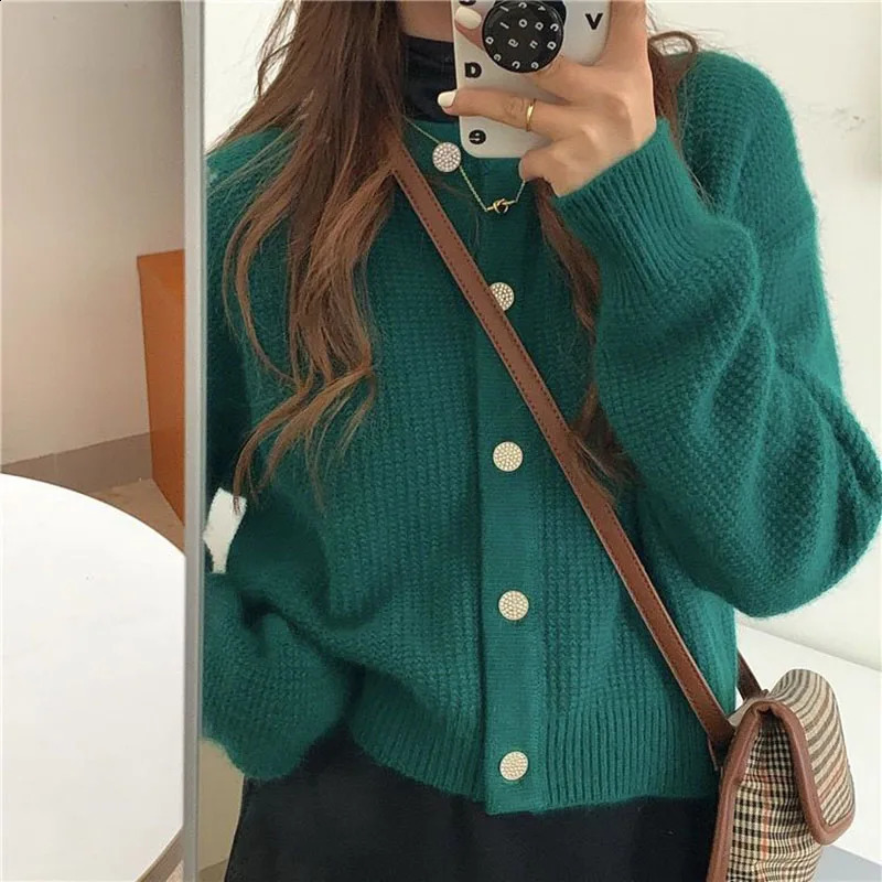 Zoki Korean Sweet Cardigan Women Long Sleeve Fashion Elegant Knitted Tops Casual O Neck Single Breasted Female Casual Cardigan 240819