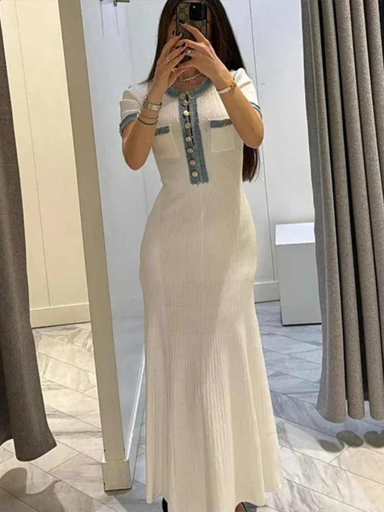 Elegant Knit Ribbed Denim Patchwork Long Dress Women O-neck Short Sleeve Buttons Pockets Dresses 2024 Summer Fashion Vestidos 240715