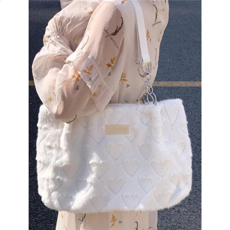 Cute Furry Womens Casual Tote Bags Love Heart Ladies Sweet Shoulder Underarm Solid Color Female Fashion Plush Handbags 240725ZYl