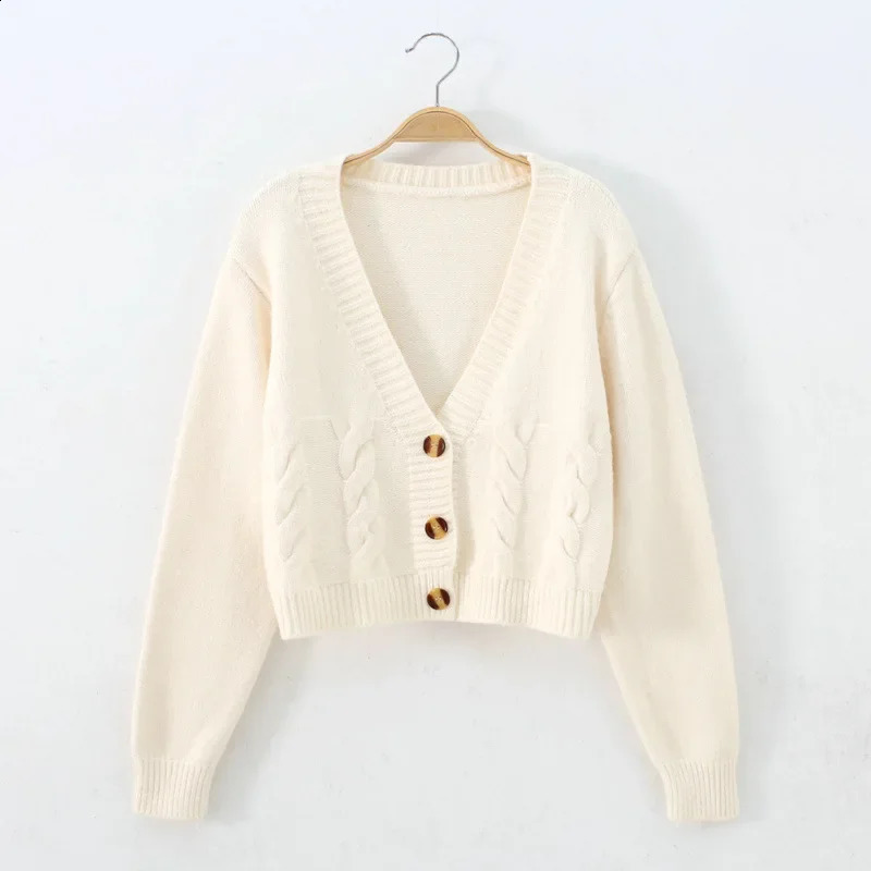 V Neck Cropped Cardigan Women Long Sleeve Twist Knitted Sweater Coats Autumn Winter Keep Warm Korean Fashion Cardigan 240819