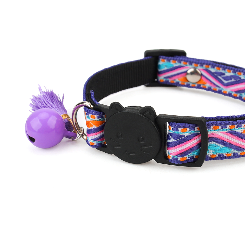 Adjustable Cat Collar Polyester Jacquard Pattern Pet Collar with Bell and Tassel Decoration for Cats and Small Dogs To Keep Lost