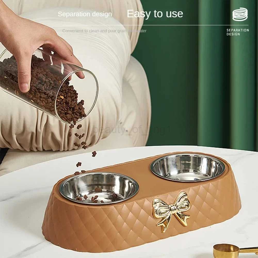 Cats and dogs special light luxury bow stainless steel double bowl convenient feeding and watering food bowl dog bowl zxx240726