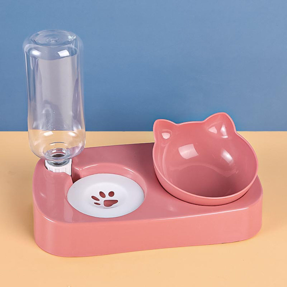 Double Cat Bowls with Stand Automatic Water Storage Dispenser Pet Dog Food Bowl 2-in-1 Splash-proof Water Container Bowl Feeder