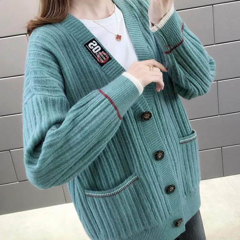 Fashion All-match Single-breasted Knitted Cardigan Autumn Winter Korean Casual Solid Pockets Spliced Sweaters Womens Clothing 240819