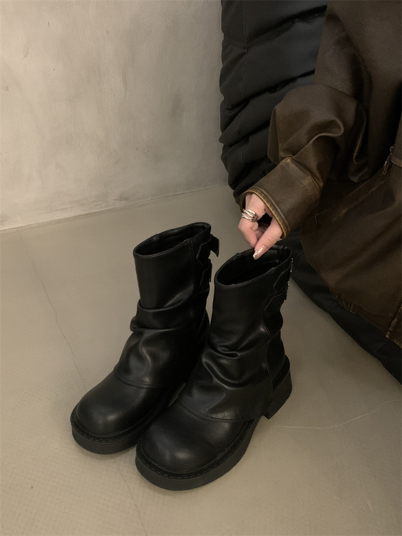 Ladies' round head belt buckle trendy thick short boots