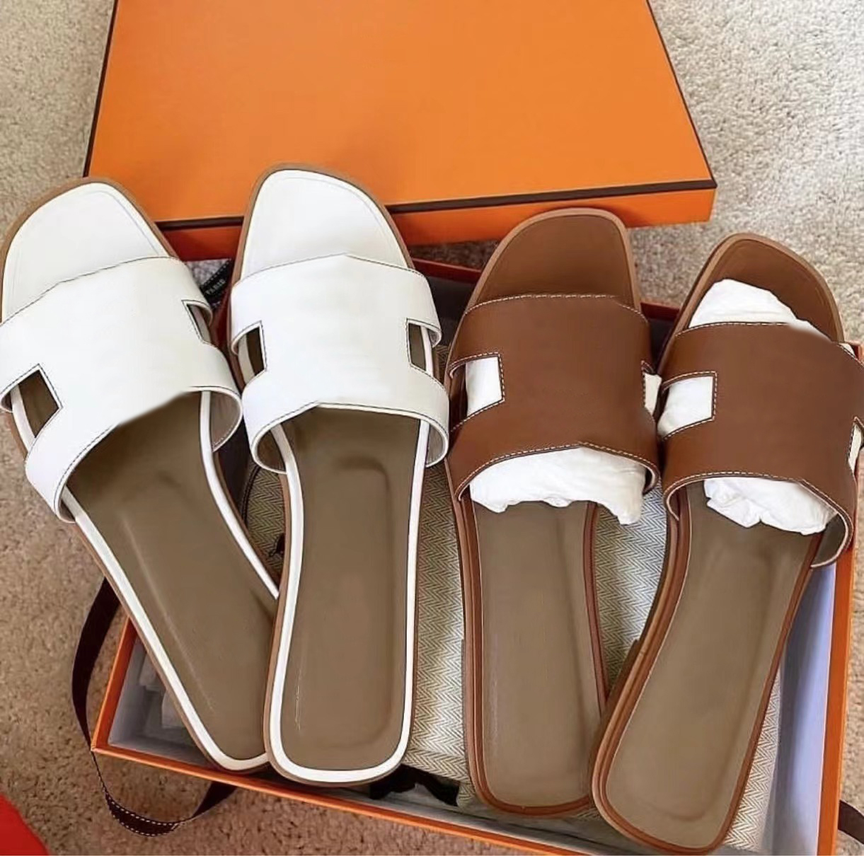 Orange Slippers Slides Slide for Womens Ladies Oranne Leather Flat Slider Sandles Fashion Woman Sandal Inermes Luxury Sliders Size 35-42 2024 Sliders Slide