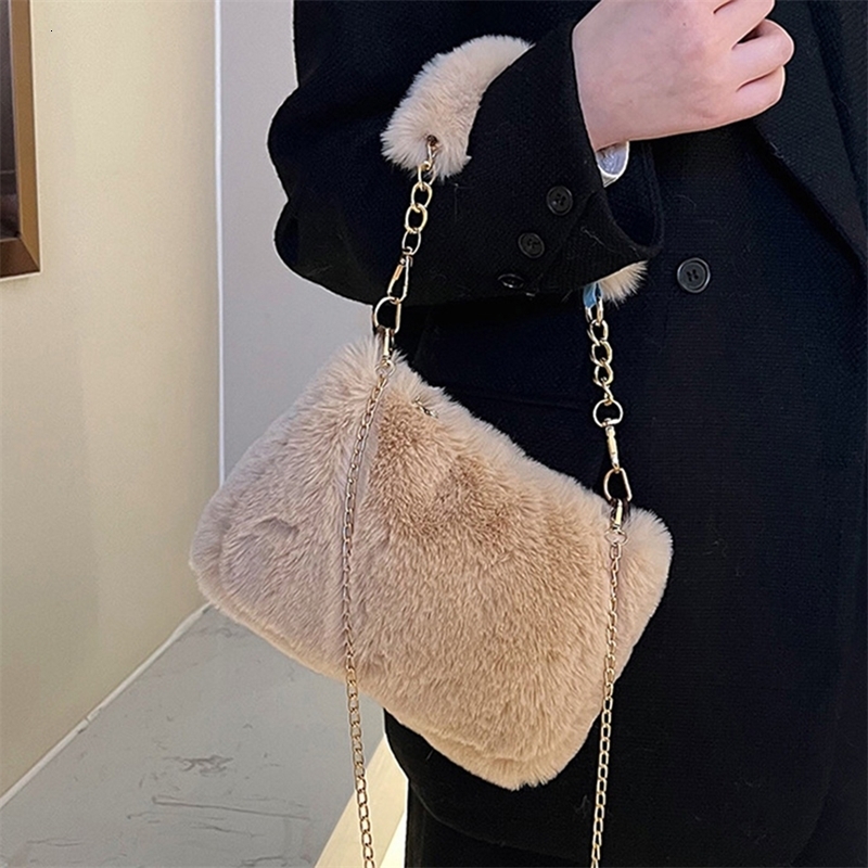 Women Faux Fur Top Handlebag Casual Fuzzy Crossbody Bag Soft Cute Sling Chain Plush Square Pouch Furry Purse Fluffy Bolsa 240725ZYl