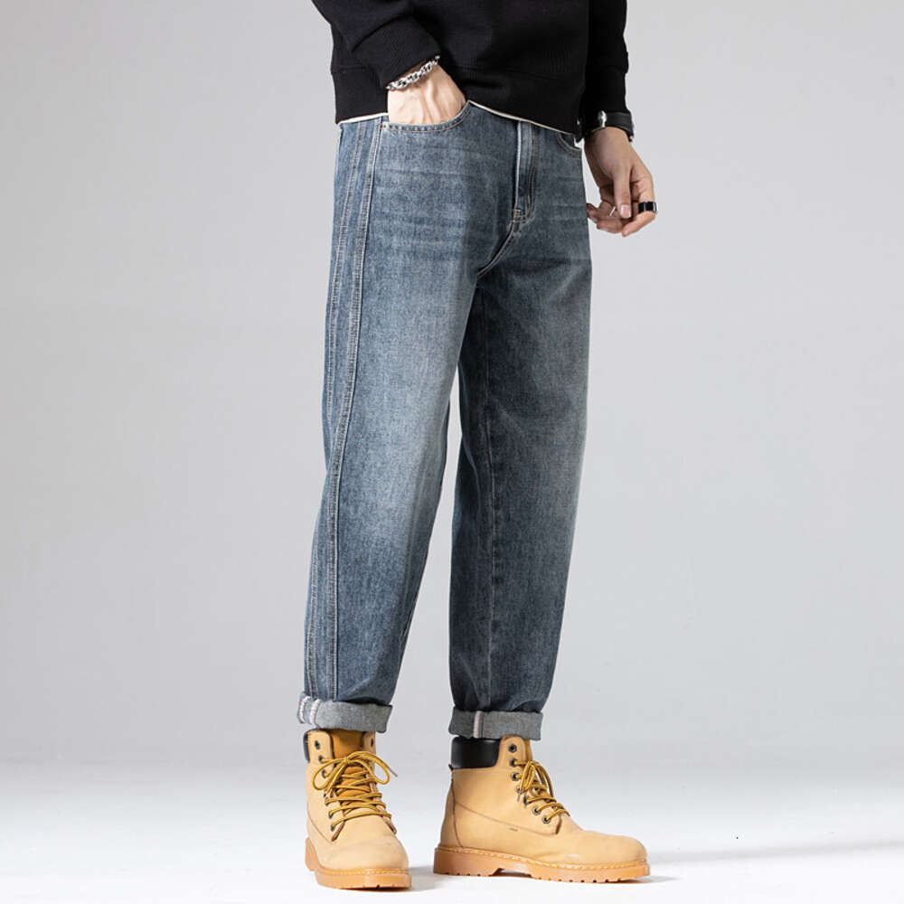 Spring and Autumn New Men 2024 Korean Version Straight Leg Jeans Mens Micro Elastic Casual Plus Size High-end Harun Pants Nine Points Jeans for Pregna