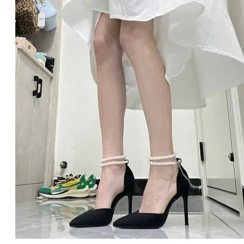 High Quality Black high heels new pump slim toe pearl ankle high-end shoes comfortable womens shoes T241024
