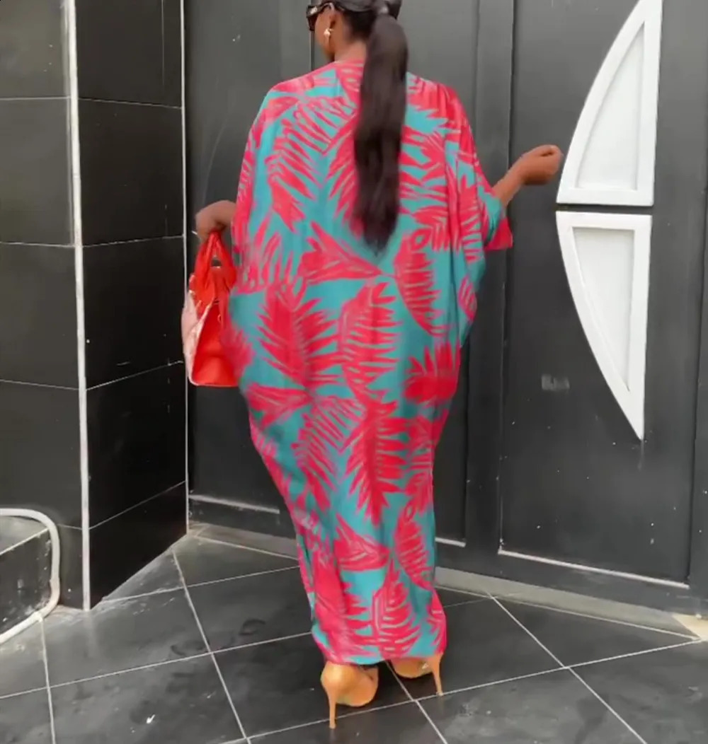 Summer African Printed Maxi Dress Women Causal V Neck Flare Ruffle Sleeve Loose Fit Ruched Front Slit Party Club Long Dress 240715
