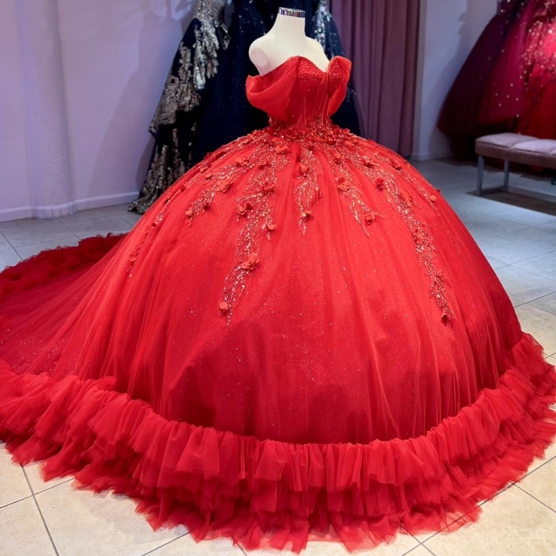 Red Quinceanera Dresses Off The Shoulder Sweet 16 Ball Gown Beading Appliques Lace Tiered Tull Corset Formal Vestidos De 15 Anos