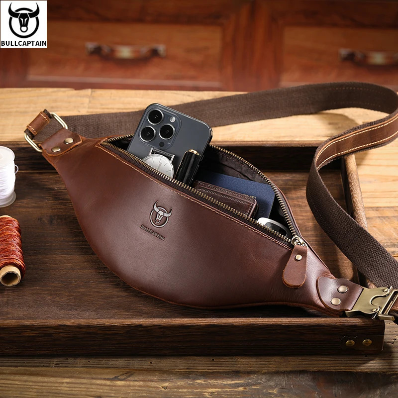 BULLCAPTAIN Mens Crazy Horse Leather Belt Bag Classic Retro Crossbody Outdoor Storage Mountaineering Mobile Phone 240725