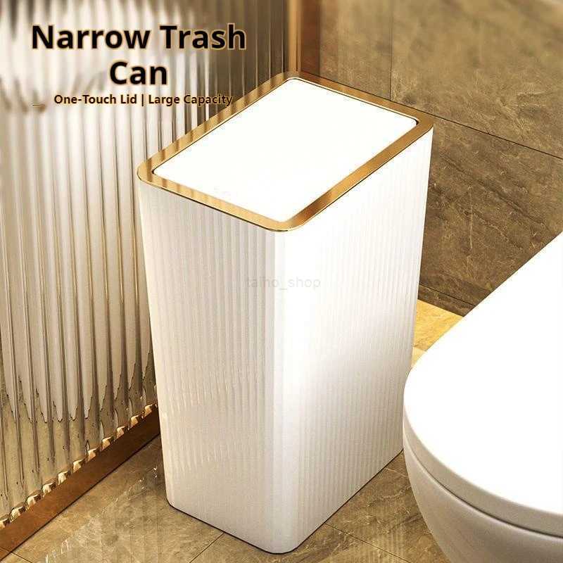 15L Nordic Gold Bathroom Trash Can Covered Slim Trash Can with One-Touch Lid for Bathroom Toilet Living Room Kitchen BedroomB240726