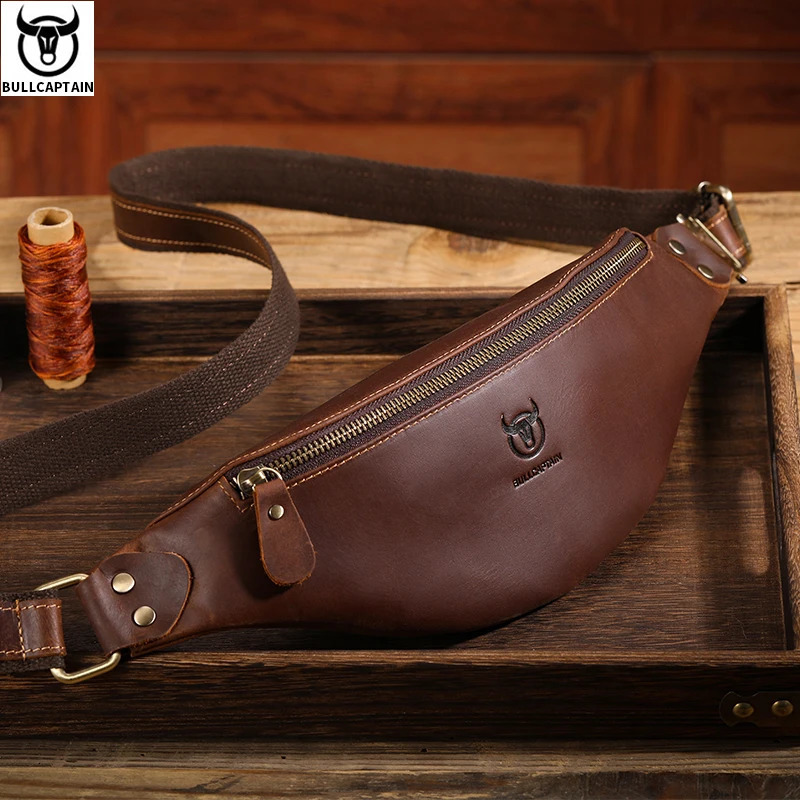 BULLCAPTAIN Mens Crazy Horse Leather Belt Bag Classic Retro Crossbody Outdoor Storage Mountaineering Mobile Phone 240725