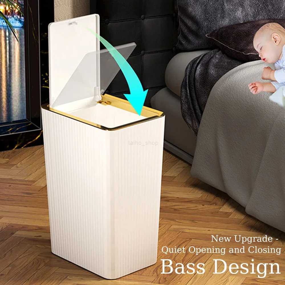 15L Nordic Gold Bathroom Trash Can Covered Slim Trash Can with One-Touch Lid for Bathroom Toilet Living Room Kitchen BedroomB240726
