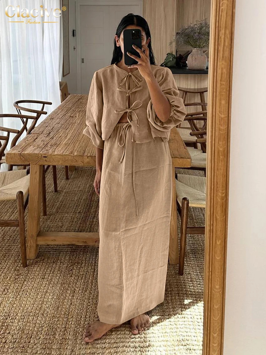 Clacive Casual Loose Khaki Cotton 2 Piece Sets Women Outfit Fashion Puff Sleeve Lace-Up Shirt With High Waist Long Skirts Set 240726