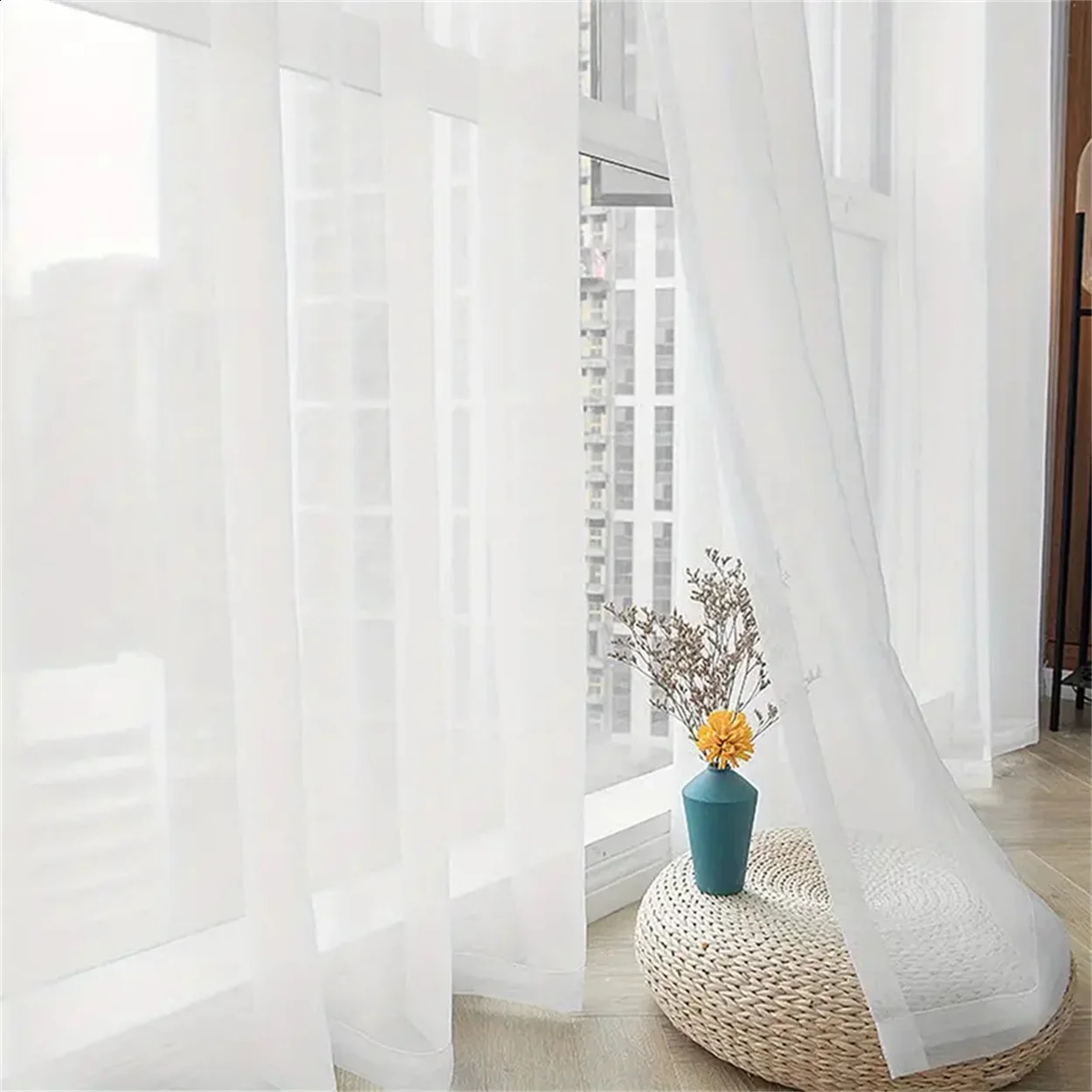 1PC Voile White Sheer Curtain For Living Room Bedroom Kitchen Coffee Rod Pocket Sheer Curtain for House Decor Room Decor 240726