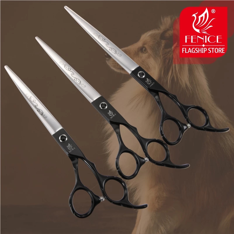 Fenice 7.0/7.5/8.0 inch Straight Cutting Scissors for Dogs Professional Grooming Shear Flower Pattern Japan 440C