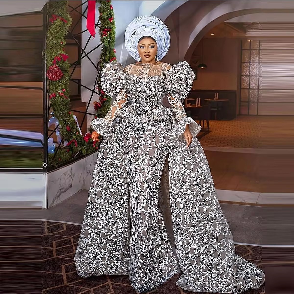 2025 Aso Ebi Lace Prom Dresses With Detachable Train robes de soiree Puffy Long Sleeves Peplum Plus Size Mermaid Evening Gowns