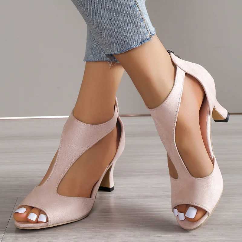 High Quality Summer New Brushed Leather Fish Mouth Sandals Womens Back Zipper Sexy Solid Color Comfortable High Heel Single Shoes Women T241227
