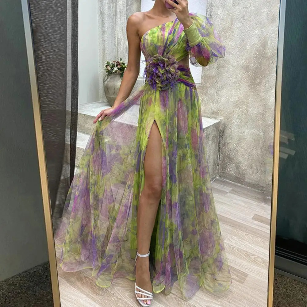 Formal Evening Dress Elegant One Shoulder Tie Dye Ball Dress Mesh Bubble Sleeves Split Hem Womens Evening Dress 240712