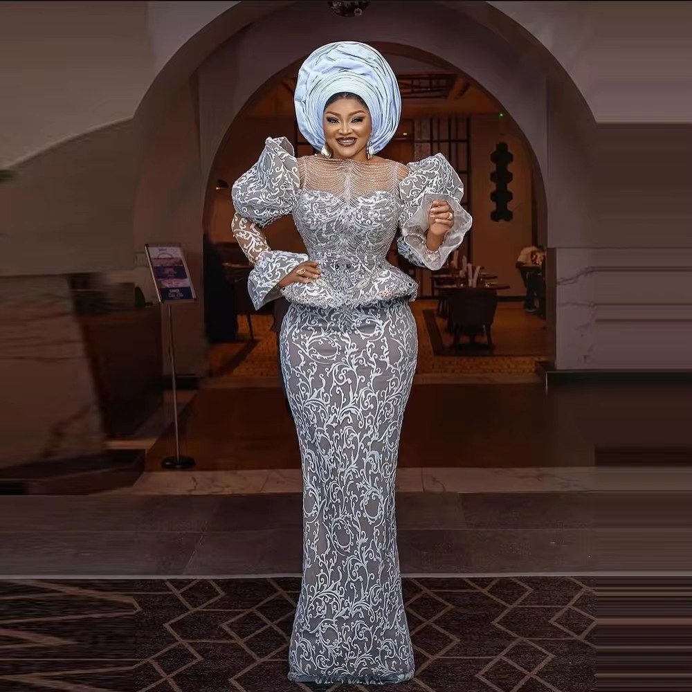 2025 Aso Ebi Lace Prom Dresses With Detachable Train robes de soiree Puffy Long Sleeves Peplum Plus Size Mermaid Evening Gowns