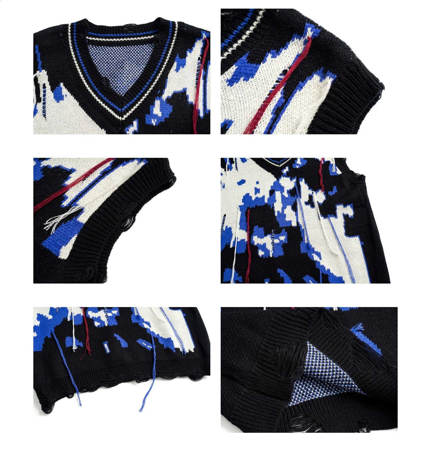 Harajuku Tattered Fringed Sweater Vest Men Womens Y2k Vintage Oversized Knitted Ugly Sleeveless Sweater Black Pullover Spring 240717