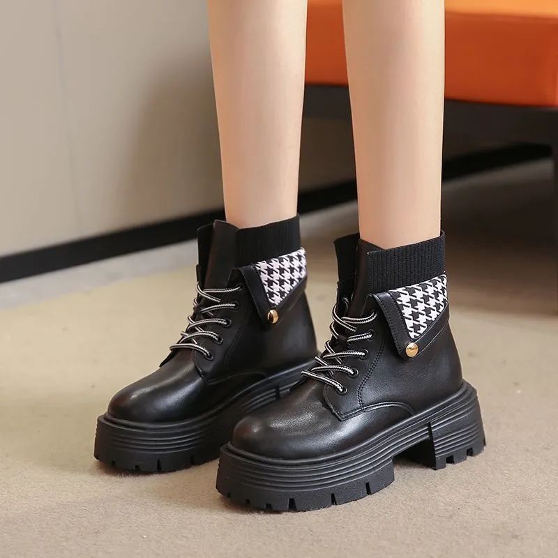 Ladies' British style lace up round toe thick heeled short boots