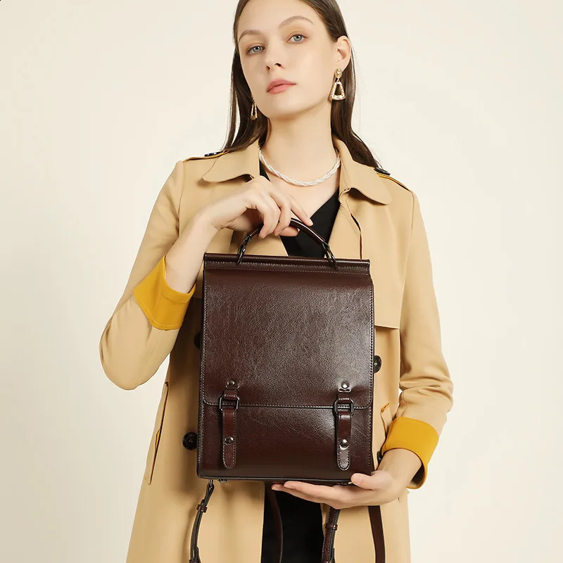 Womens retro leather backpack college style student backpack multifunctional leisure travel school bag womens handbag 240827