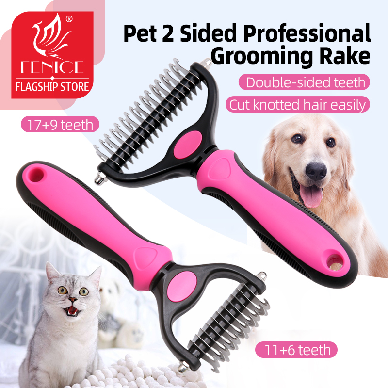 Fenice Professional Dog Comb Rake 2 In 1 Safe Double-Sided Comfortable Handle Pet Grooming Brush For Dog Cat Removing