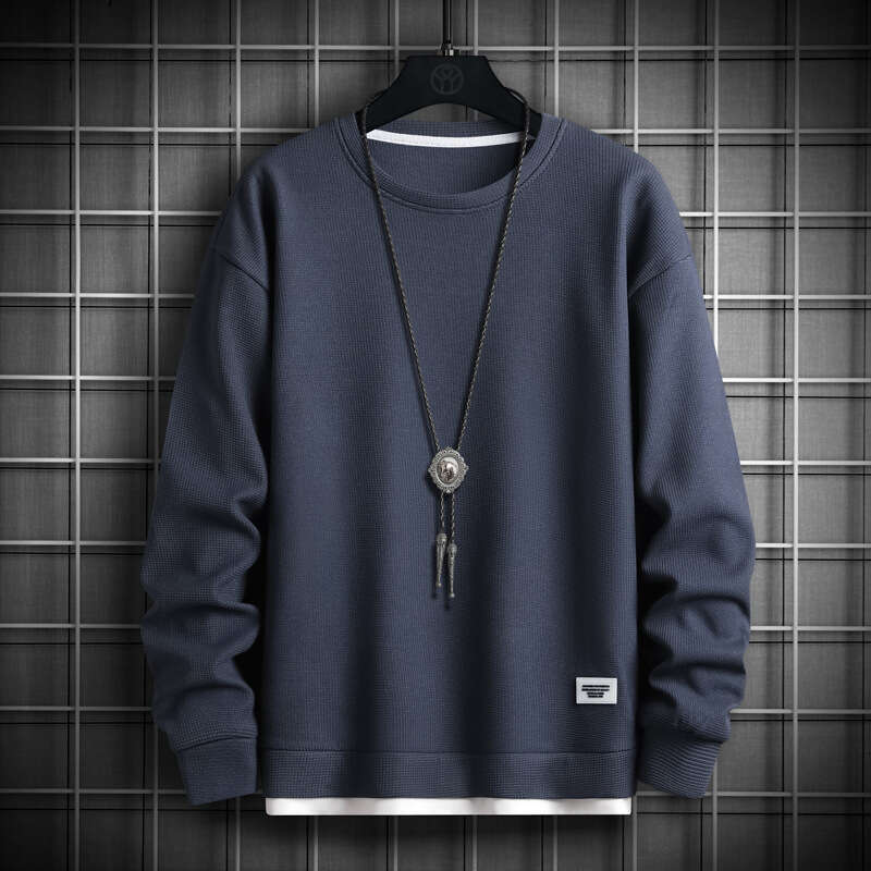 Sweatshirt Men's Trendy Brand Waffle Fake Two Pieces 2024 Spring and Autumn New Item for Teenagers Loose Round Neck Long Sleeved T-shirt Men Hodd