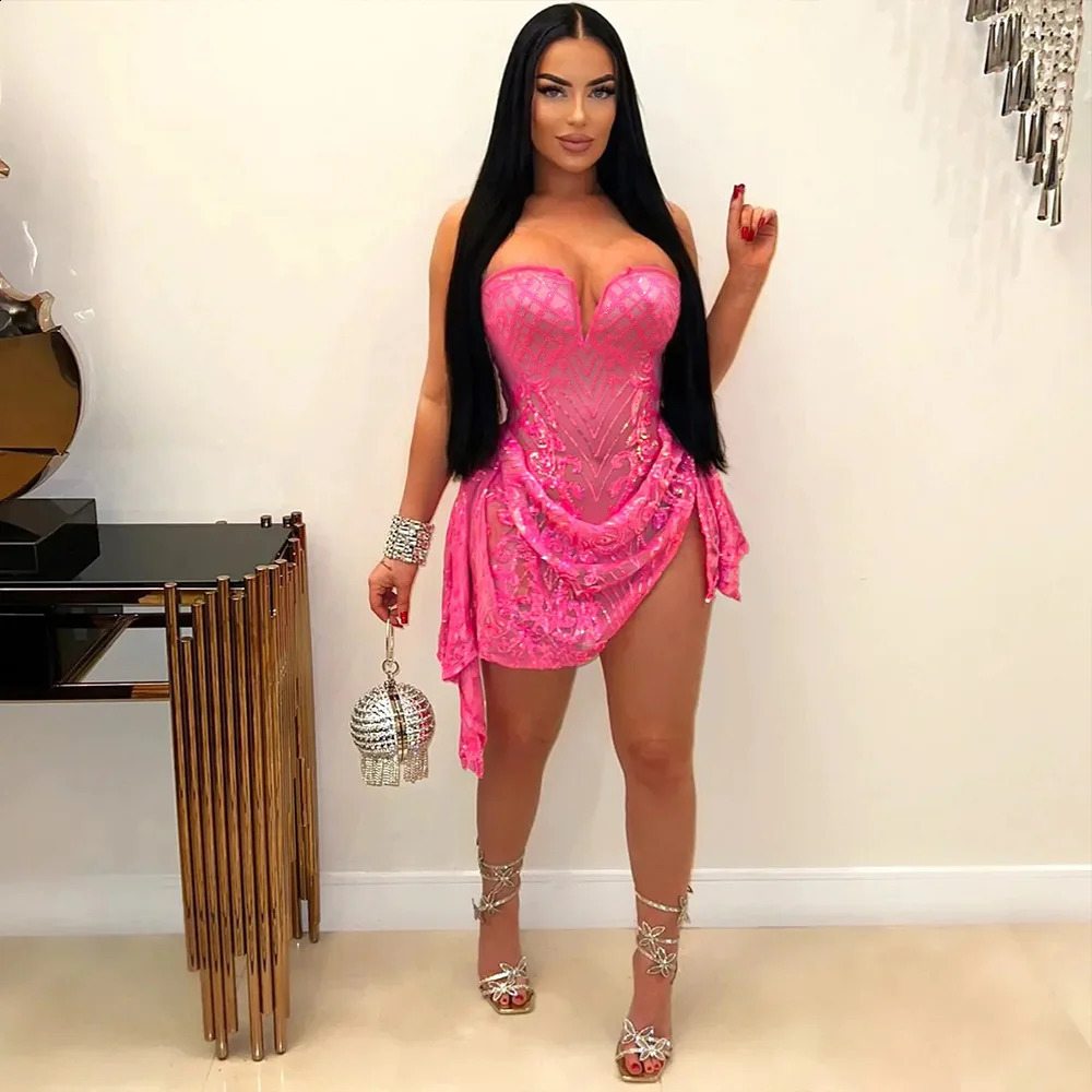 Sequin Ruffle Dress Lady Sexy Party Bodycon Evening Dresses 2024 Women Summer Clothes Elegant Birthday Club Mini Dresses 240726
