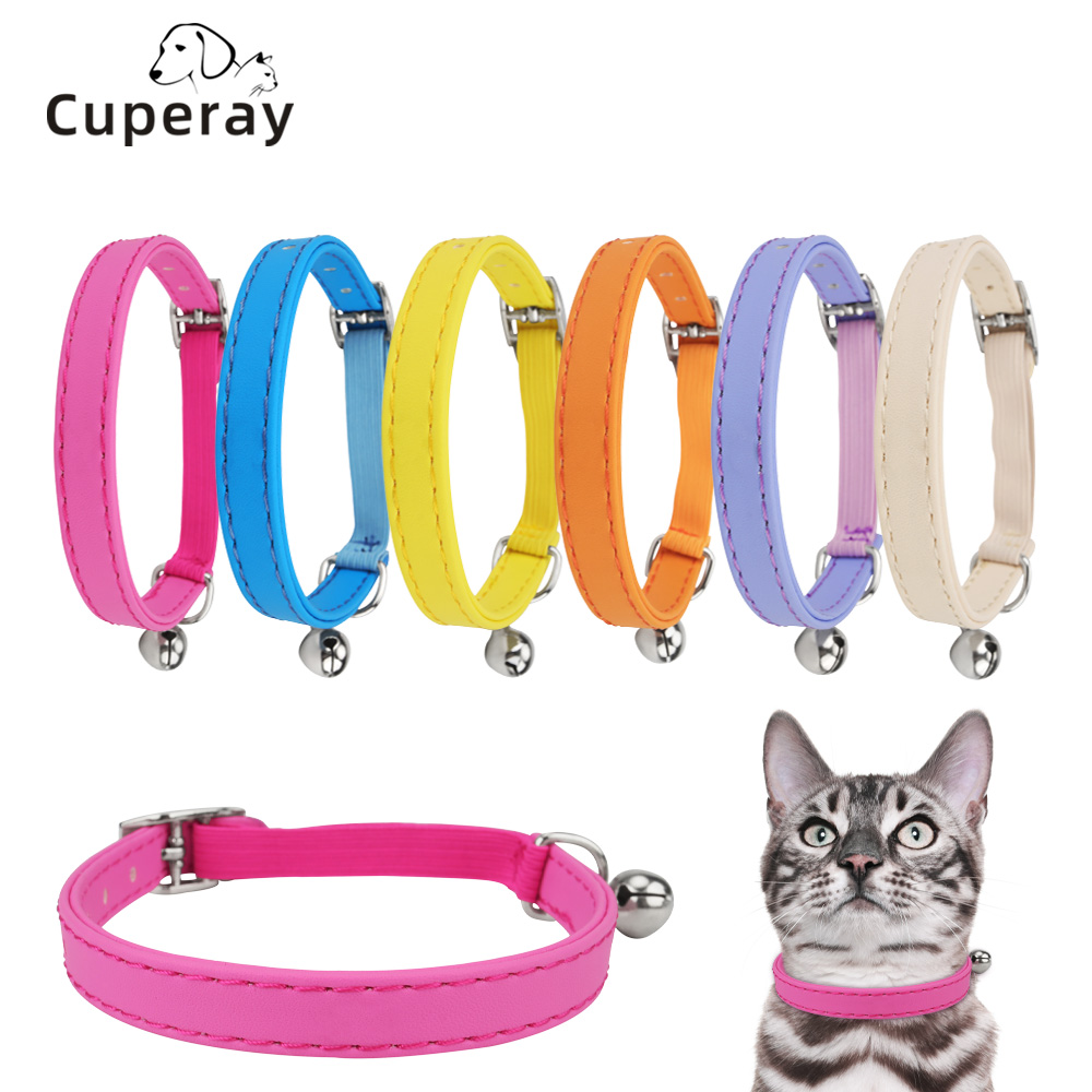 PU Cat Collar with Elastic Webbing Adjustable Macaron Color Puppy Collar with Bell To Prevent Getting Lost for Cats Accessories
