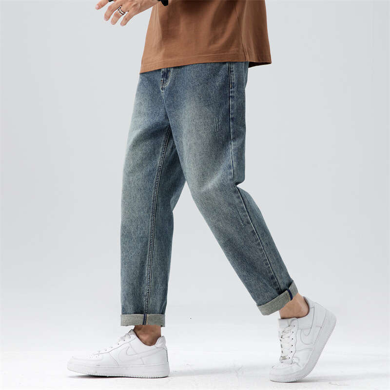Jeans Trendy Brand 2024 Spring and Summer New Versatile Straight Leg Loose Casual Cropped Washed Mens Pants Sport Gold Velvet Pants Military Pants for