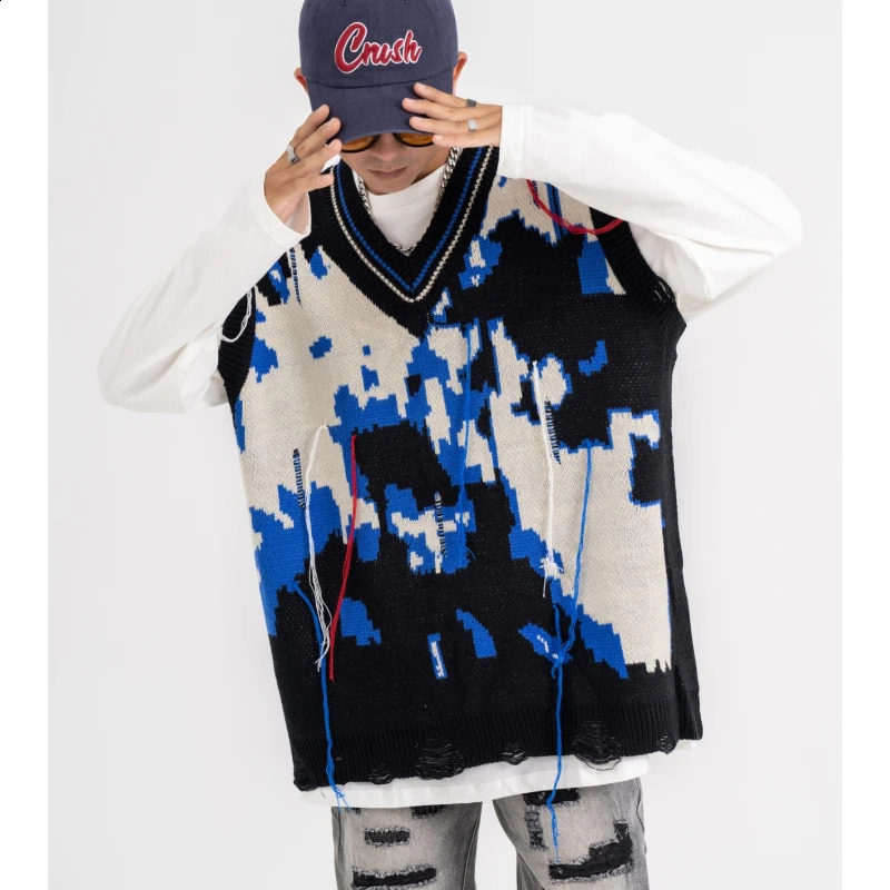 Harajuku Tattered Fringed Sweater Vest Men Womens Y2k Vintage Oversized Knitted Ugly Sleeveless Sweater Black Pullover Spring 240717