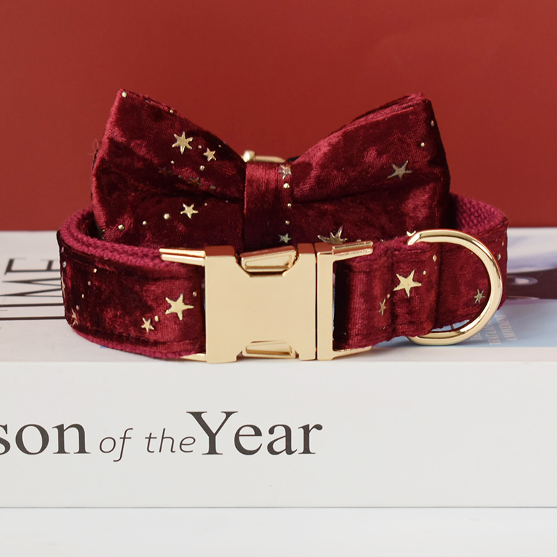 Red wine Collar Personalized Velvet Quality Fabric For Small, Medium Large Dog Custom Metal Parts Pet Accessory Star 03