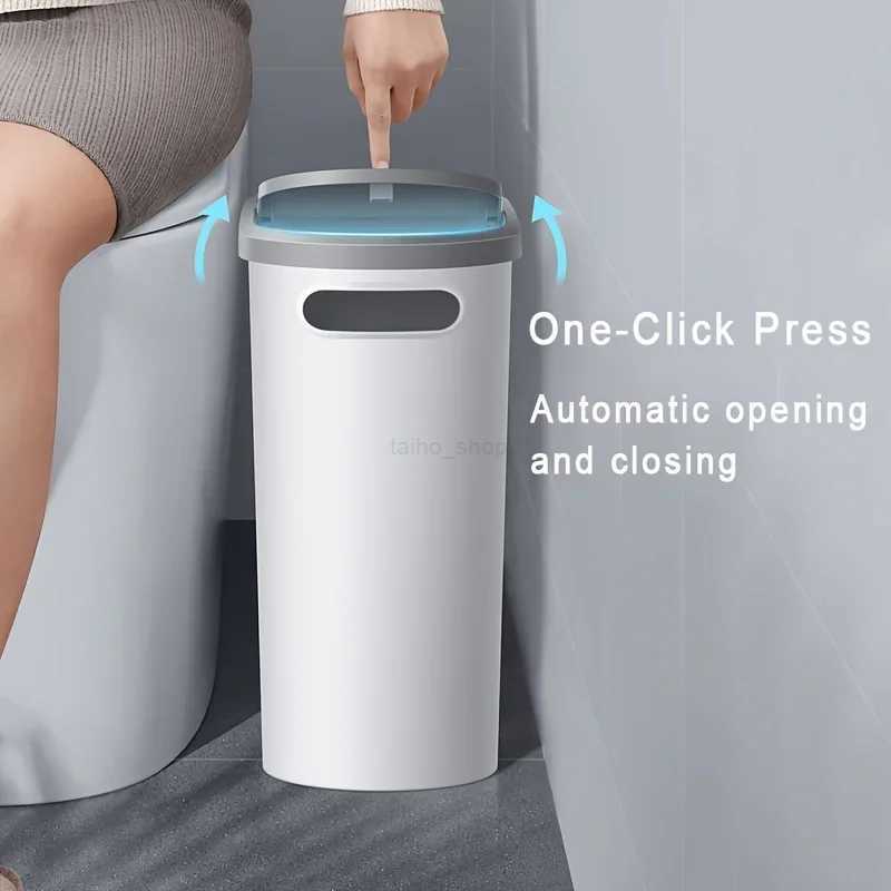 10L Bathroom Trash Can Press Type Garbage Can with Lid Household Creative Gap Waste Bin Simple Paper Basket Kitchen Trash CanB240726