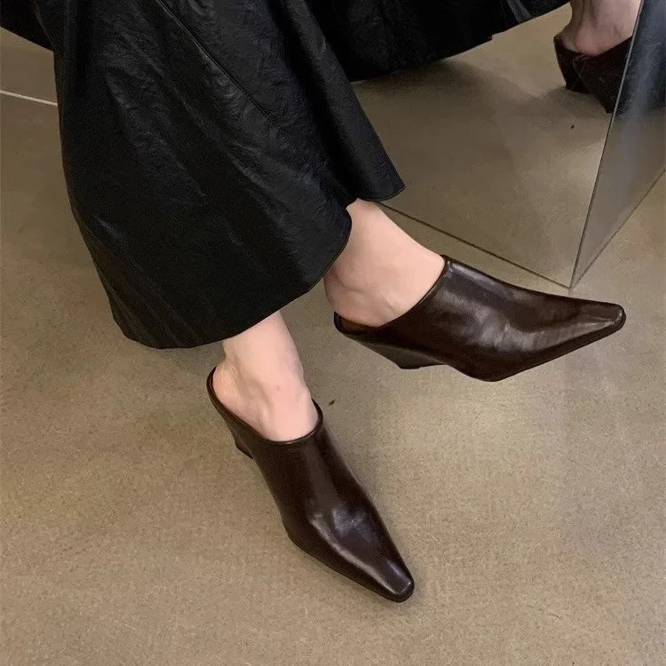 European American Baotou Half Womens Soft Leather Slope Heel High Cool Fashion Outwear Thick Lazy Muller Shoes 240723