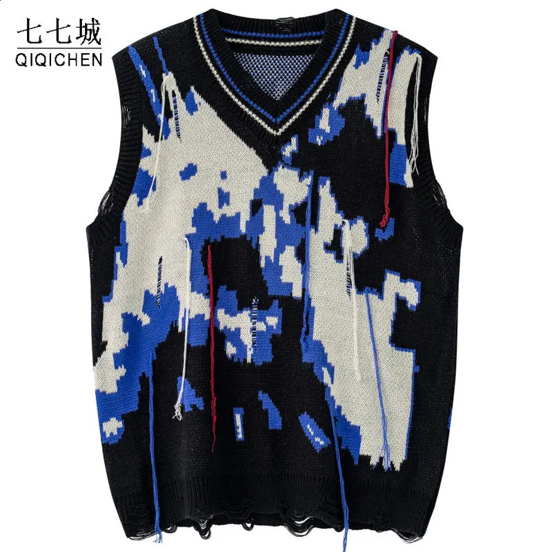 Harajuku Tattered Fringed Sweater Vest Men Womens Y2k Vintage Oversized Knitted Ugly Sleeveless Sweater Black Pullover Spring 240717
